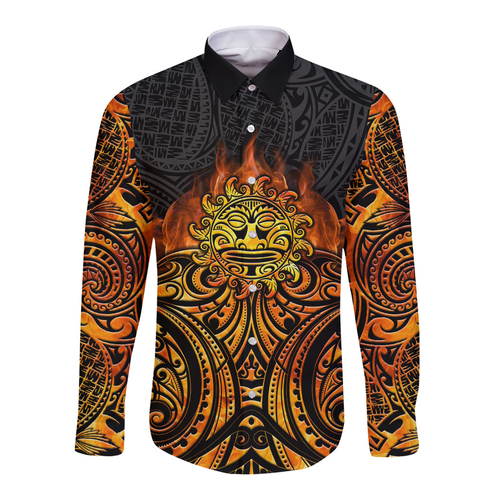 New Zealand Tamanuitera The Sun Long Sleeve Button Shirt Maori Pattern LT05 Unisex Orange - Polynesian Pride
