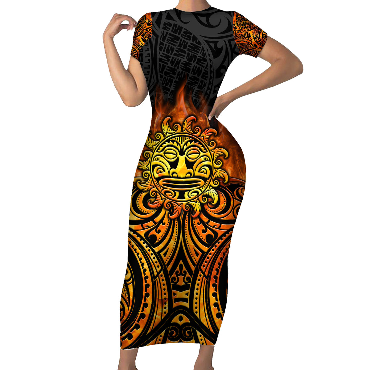 New Zealand Tamanuitera The Sun Short Sleeve Bodycon Dress Maori Pattern LT05 Long Dress Orange - Polynesian Pride