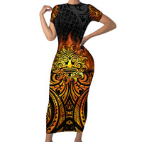 New Zealand Tamanuitera The Sun Short Sleeve Bodycon Dress Maori Pattern LT05 Long Dress Orange - Polynesian Pride