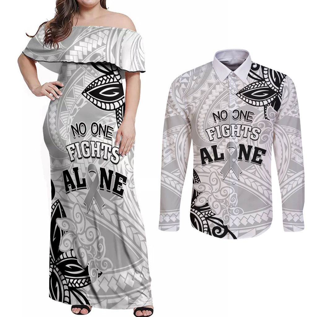 Personalised Polynesia Brain Cancer Couples Matching Off Shoulder Maxi Dress and Long Sleeve Button Shirt No One Fights Alone
