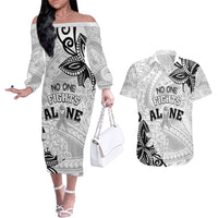 Personalised Polynesia Brain Cancer Couples Matching Off The Shoulder Long Sleeve Dress and Hawaiian Shirt No One Fights Alone