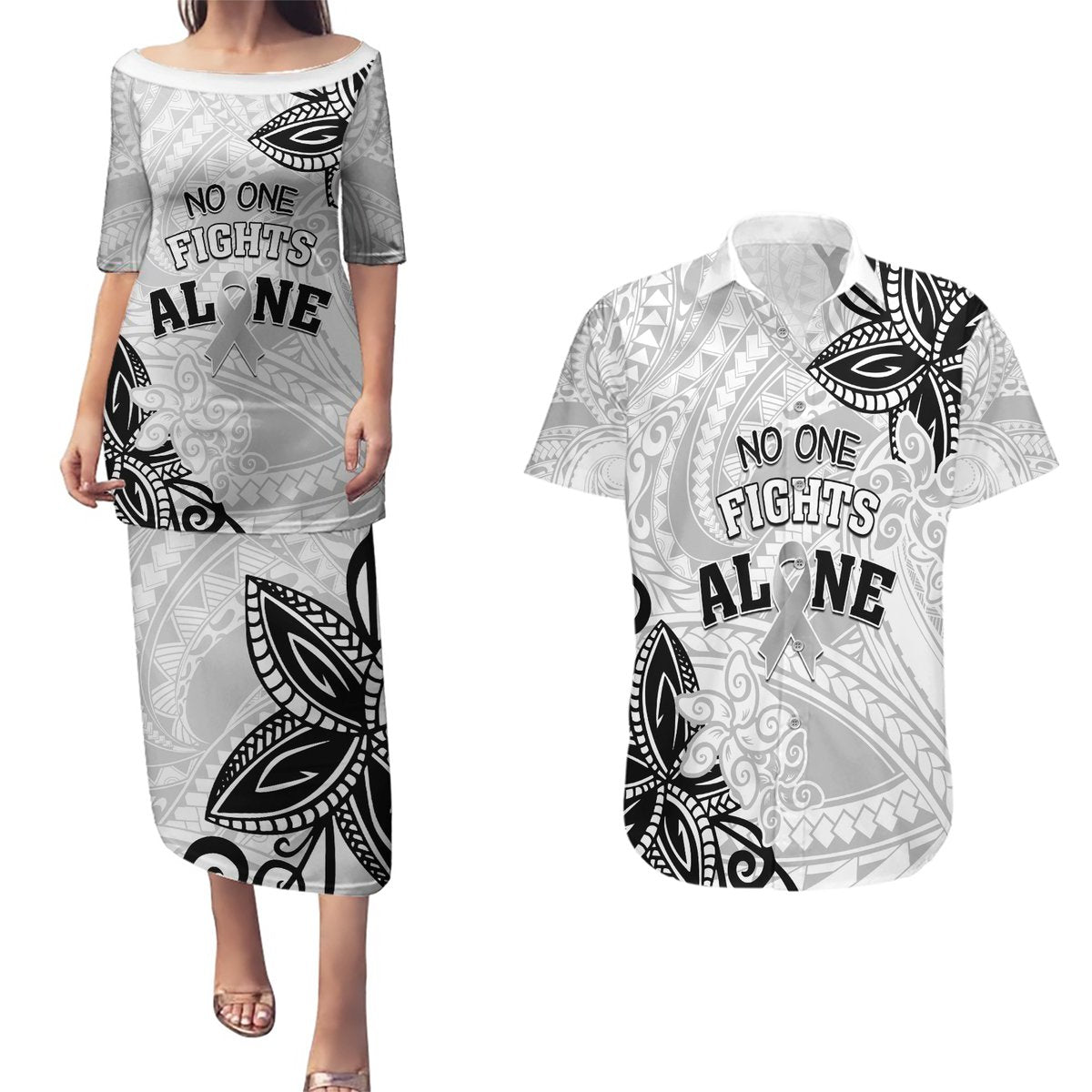 Personalised Polynesia Brain Cancer Couples Matching Puletasi and Hawaiian Shirt No One Fights Alone LT05 White - Polynesian Pride