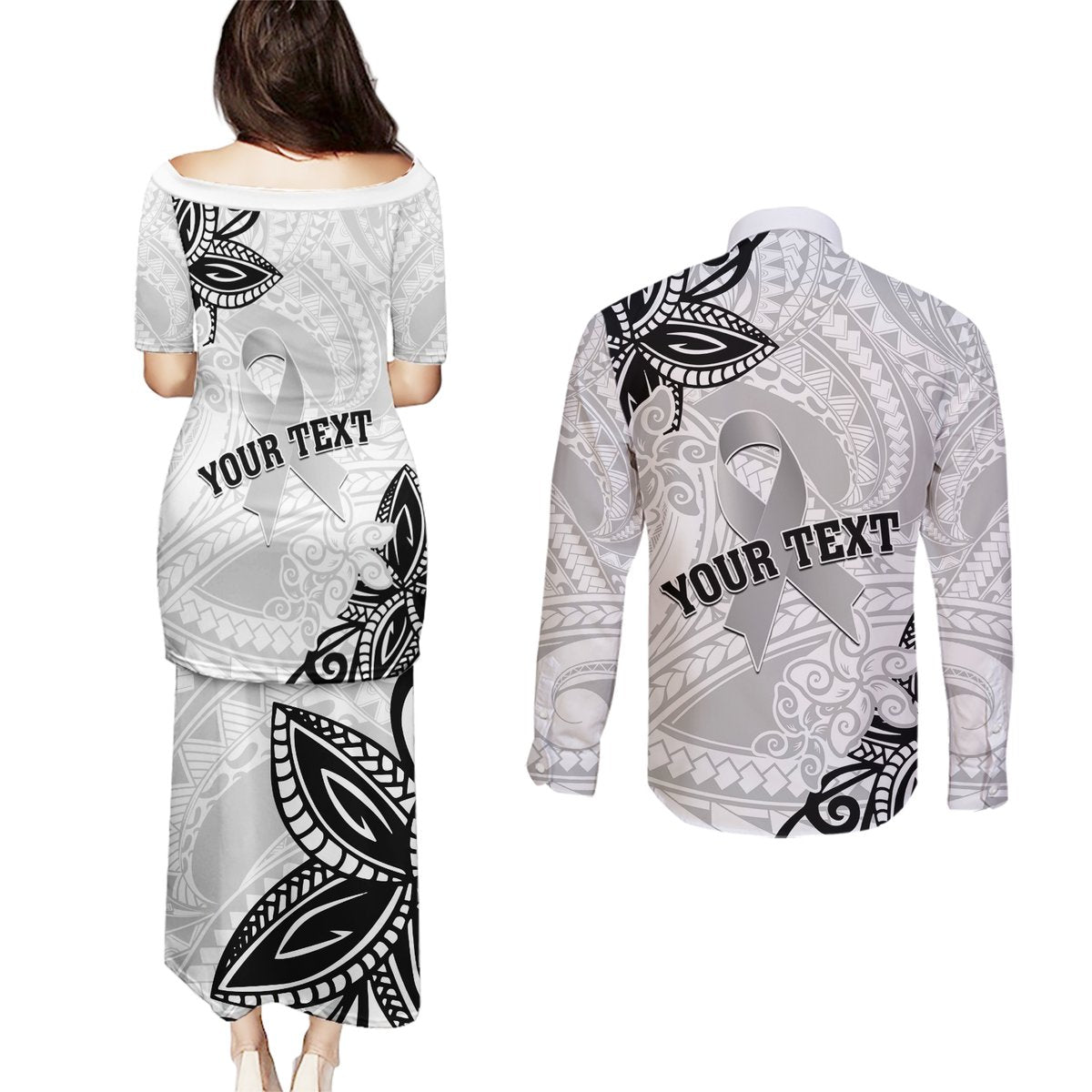Personalised Polynesia Brain Cancer Couples Matching Puletasi and Long Sleeve Button Shirt No One Fights Alone LT05 - Polynesian Pride
