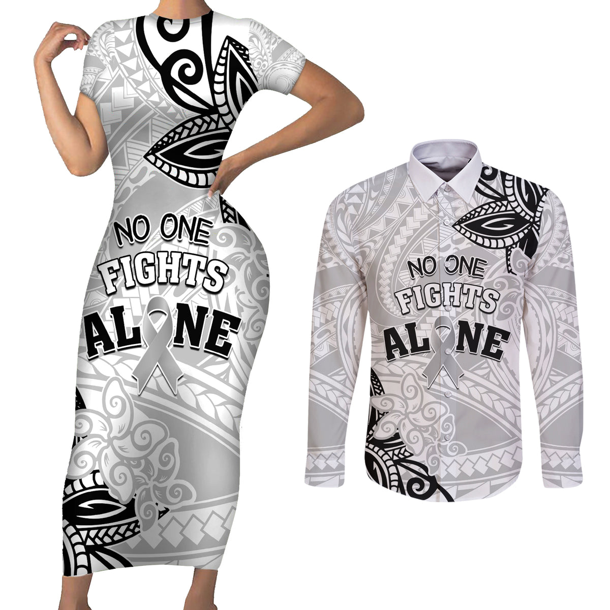 Personalised Polynesia Brain Cancer Couples Matching Short Sleeve Bodycon Dress and Long Sleeve Button Shirt No One Fights Alone LT05 White - Polynesian Pride