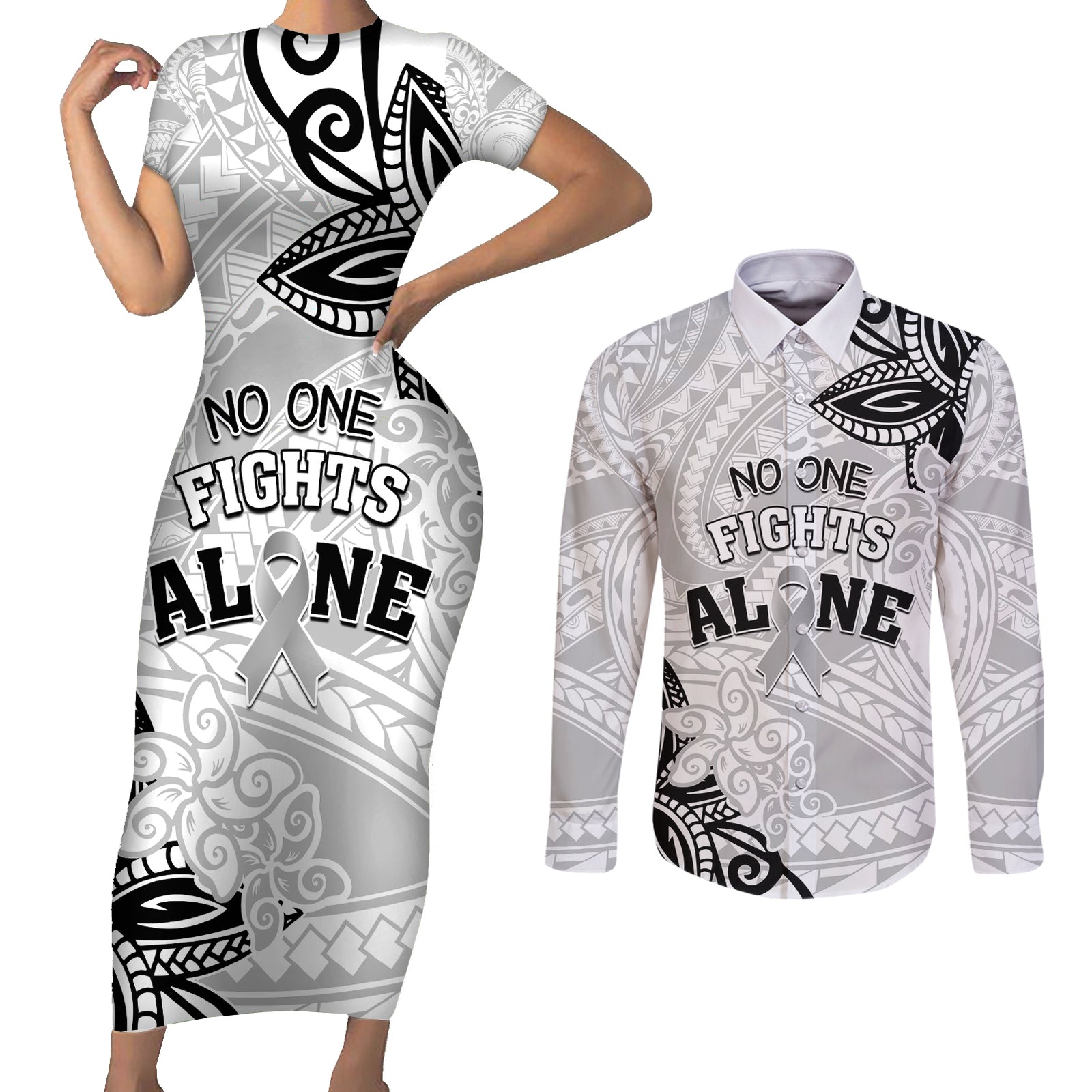Personalised Polynesia Brain Cancer Couples Matching Short Sleeve Bodycon Dress and Long Sleeve Button Shirt No One Fights Alone LT05 White - Polynesian Pride