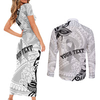 Personalised Polynesia Brain Cancer Couples Matching Short Sleeve Bodycon Dress and Long Sleeve Button Shirt No One Fights Alone LT05 - Polynesian Pride
