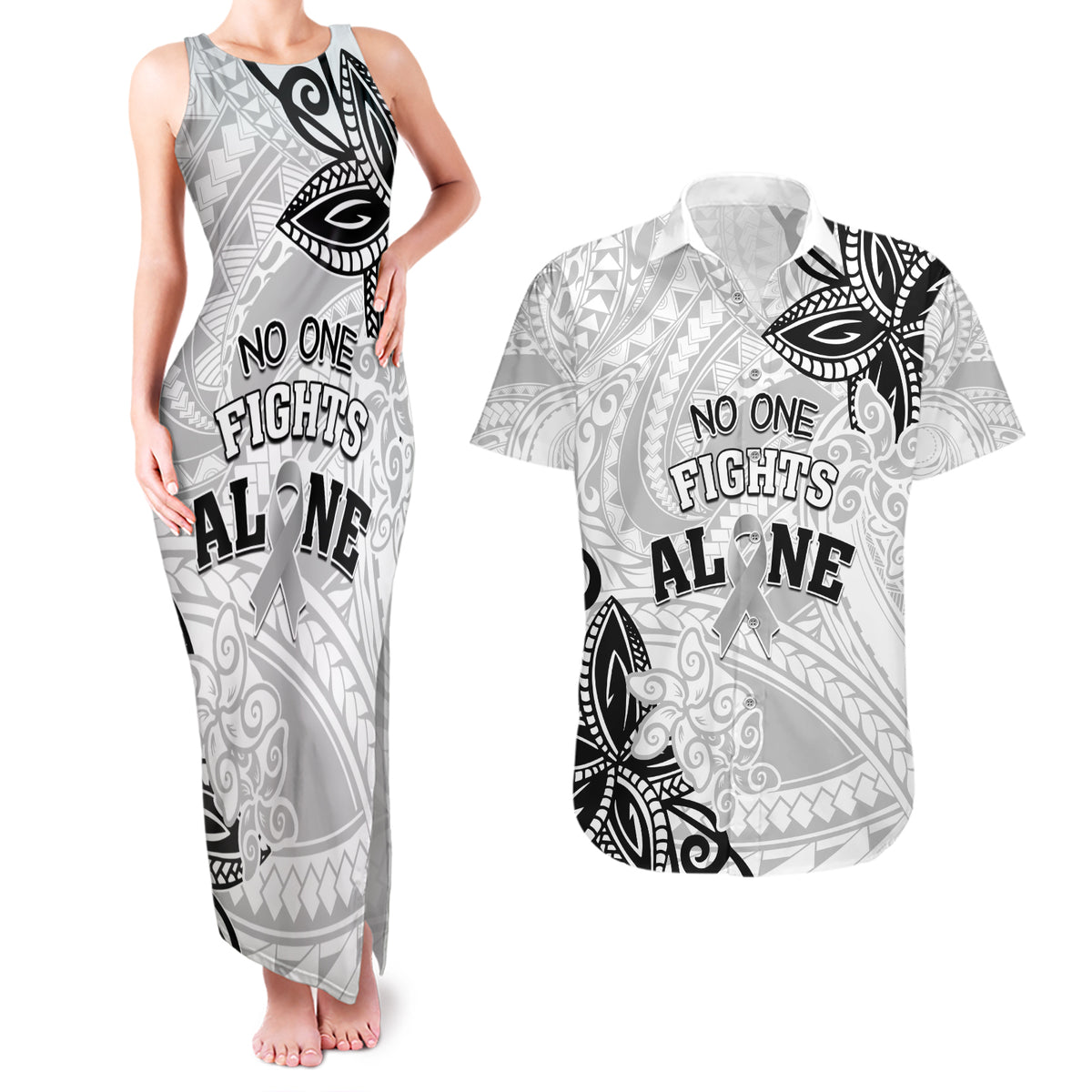 Personalised Polynesia Brain Cancer Couples Matching Tank Maxi Dress and Hawaiian Shirt No One Fights Alone