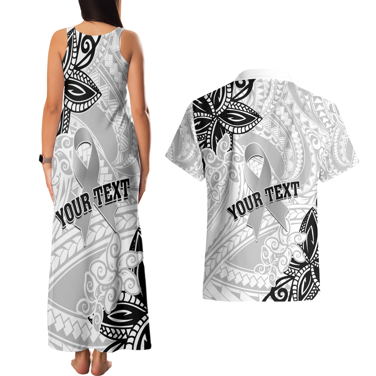 Personalised Polynesia Brain Cancer Couples Matching Tank Maxi Dress and Hawaiian Shirt No One Fights Alone