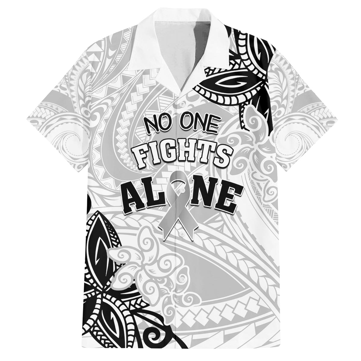 Personalised Polynesia Brain Cancer Family Matching Summer Maxi Dress and Hawaiian Shirt No One Fights Alone LT05 Dad's Shirt - Short Sleeve White - Polynesian Pride