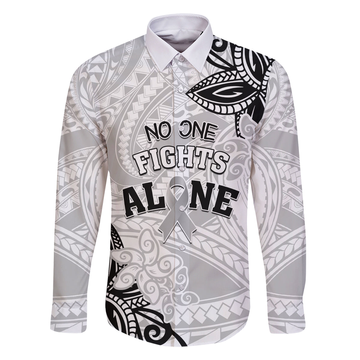 Personalised Polynesia Brain Cancer Family Matching Summer Maxi Dress and Hawaiian Shirt No One Fights Alone LT05 Dad's Shirt - Long Sleeve White - Polynesian Pride