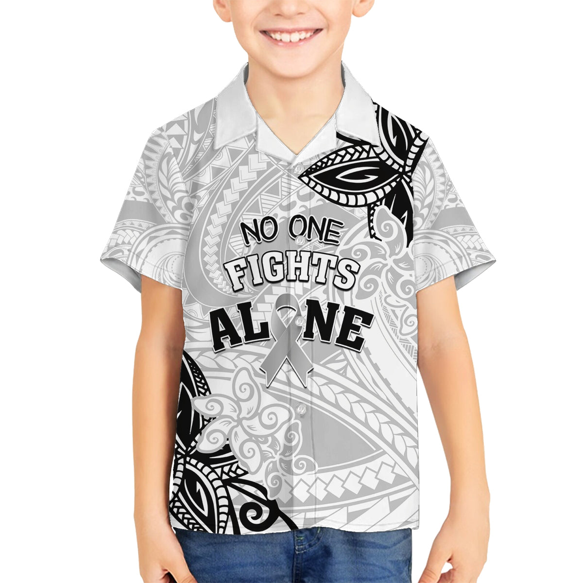 Personalised Polynesia Brain Cancer Family Matching Summer Maxi Dress and Hawaiian Shirt No One Fights Alone LT05 Son's Shirt White - Polynesian Pride