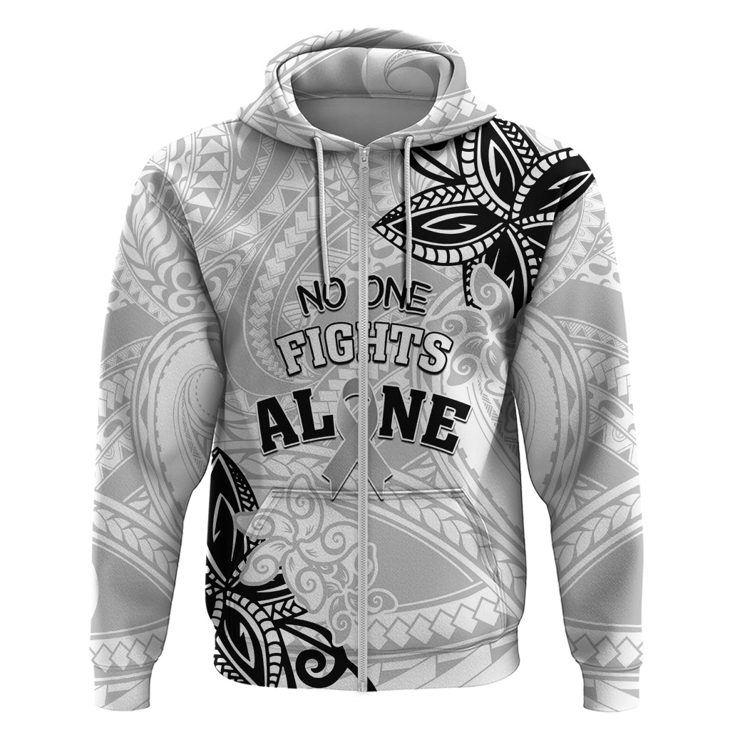 Personalised Polynesia Brain Cancer Hoodie No One Fights Alone LT05 Zip Hoodie White - Polynesian Pride