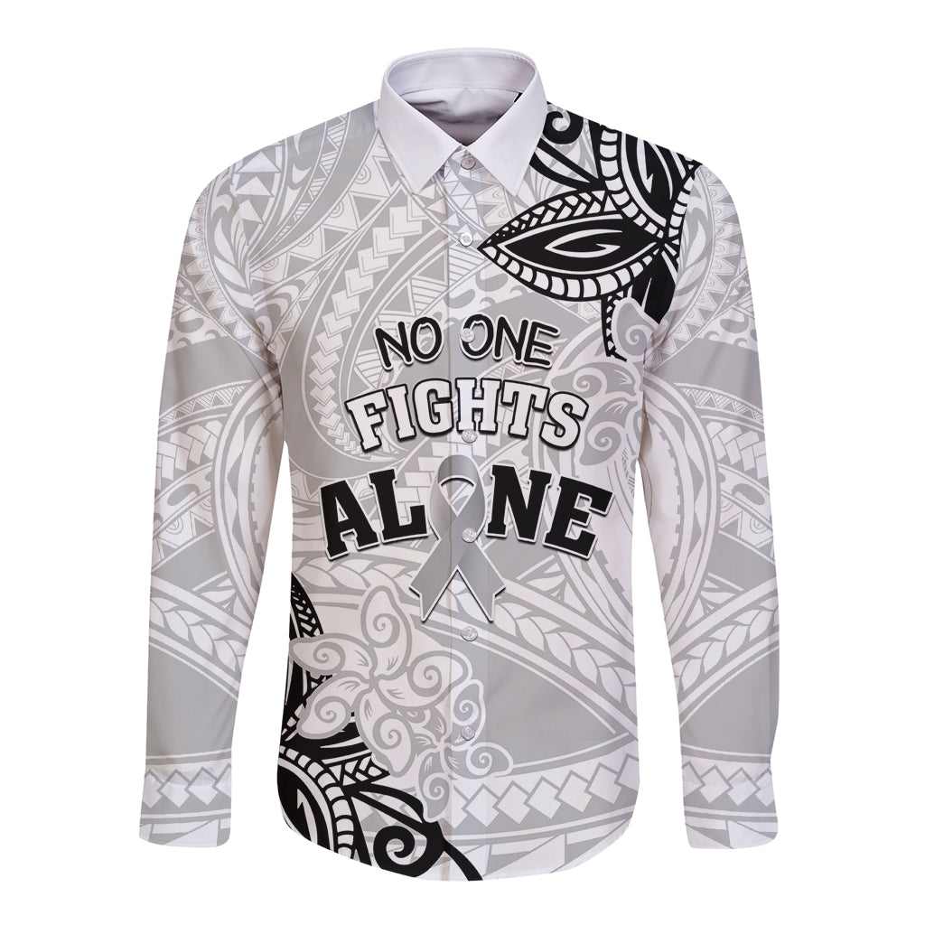 Personalised Polynesia Brain Cancer Long Sleeve Button Shirt No One Fights Alone LT05 Unisex White - Polynesian Pride