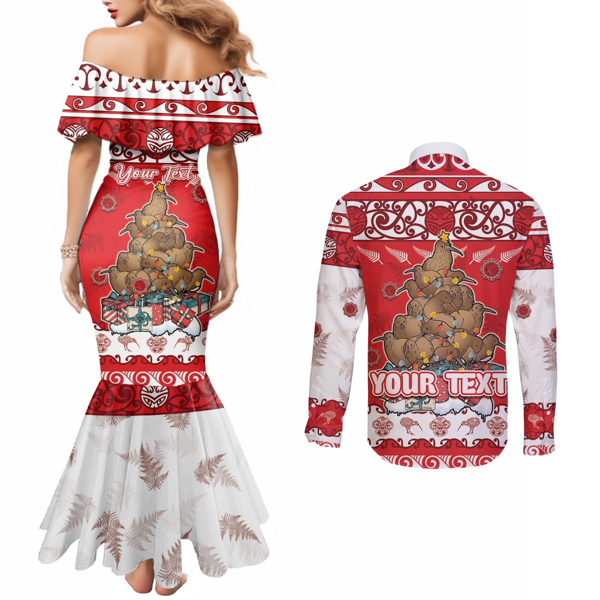 Personalised New Zealand Christmas In July Couples Matching Mermaid Dress and Long Sleeve Button Shirt Maori Kiwi Xmas Tree - Red