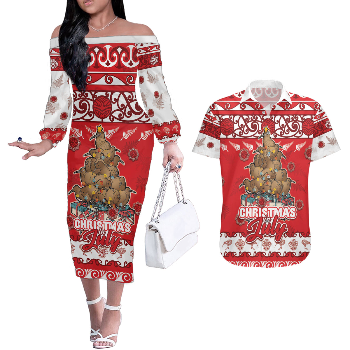 Personalised New Zealand Christmas In July Couples Matching Off The Shoulder Long Sleeve Dress and Hawaiian Shirt Maori Kiwi Xmas Tree - Red