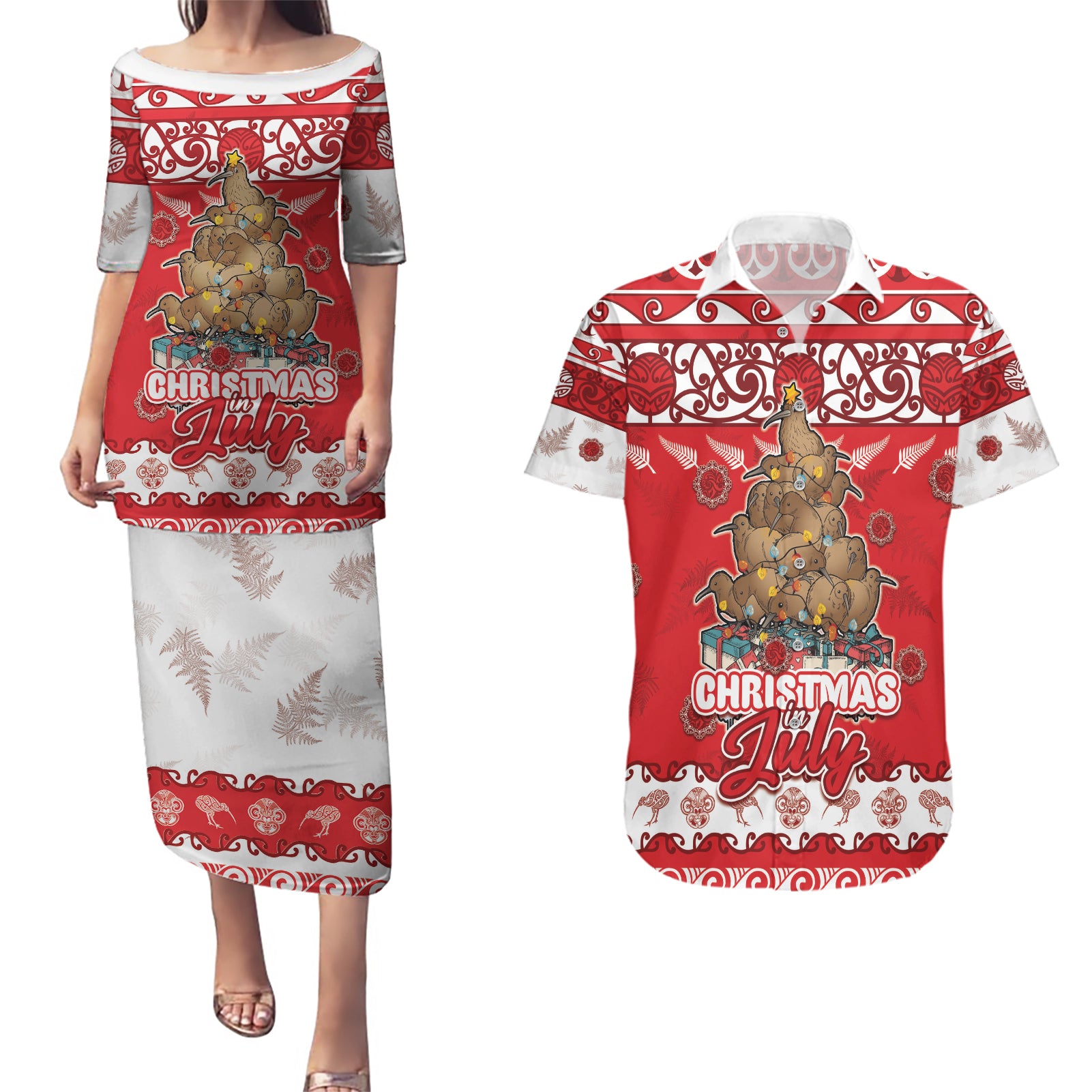 Personalised New Zealand Christmas In July Couples Matching Puletasi and Hawaiian Shirt Maori Kiwi Xmas Tree - Red