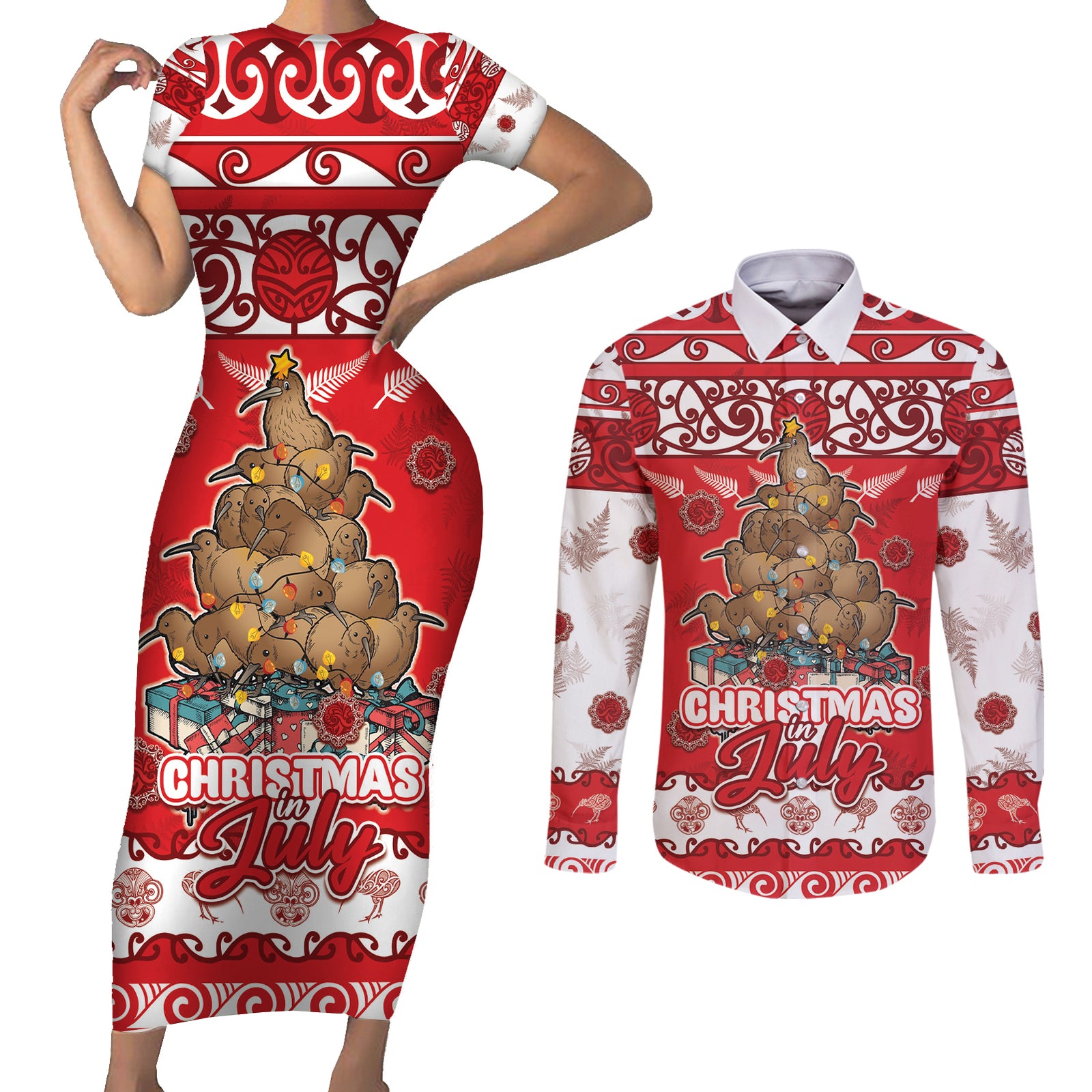 Personalised New Zealand Christmas In July Couples Matching Short Sleeve Bodycon Dress and Long Sleeve Button Shirt Maori Kiwi Xmas Tree - Red