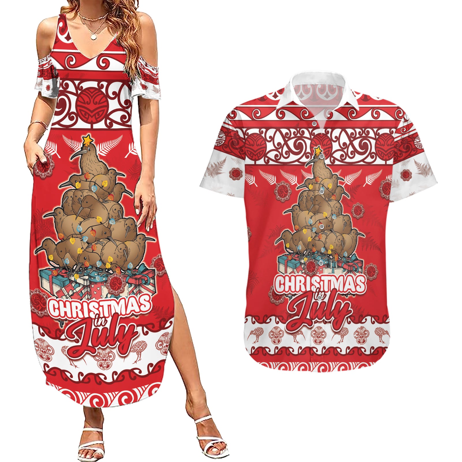 Personalised New Zealand Christmas In July Couples Matching Summer Maxi Dress and Hawaiian Shirt Maori Kiwi Xmas Tree - Red