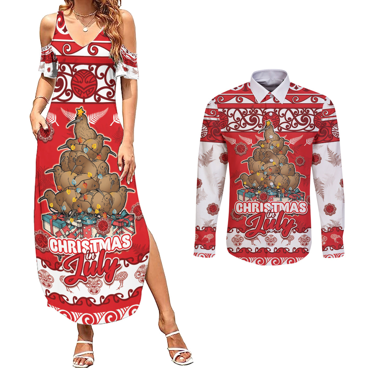 Personalised New Zealand Christmas In July Couples Matching Summer Maxi Dress and Long Sleeve Button Shirt Maori Kiwi Xmas Tree - Red