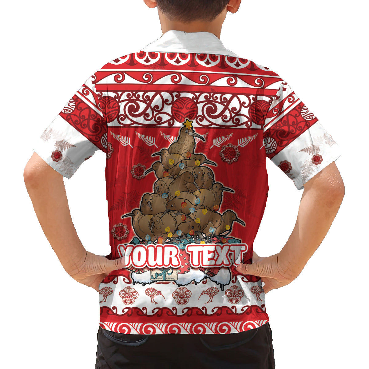 Personalised New Zealand Christmas In July Family Matching Off The Shoulder Long Sleeve Dress and Hawaiian Shirt Maori Kiwi Xmas Tree - Red