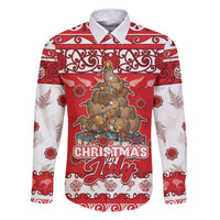 Personalised New Zealand Christmas In July Family Matching Off The Shoulder Long Sleeve Dress and Hawaiian Shirt Maori Kiwi Xmas Tree - Red