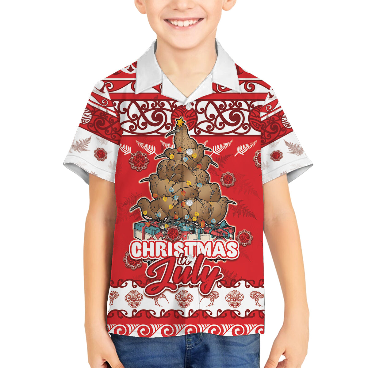 Personalised New Zealand Christmas In July Family Matching Puletasi and Hawaiian Shirt Maori Kiwi Xmas Tree - Red