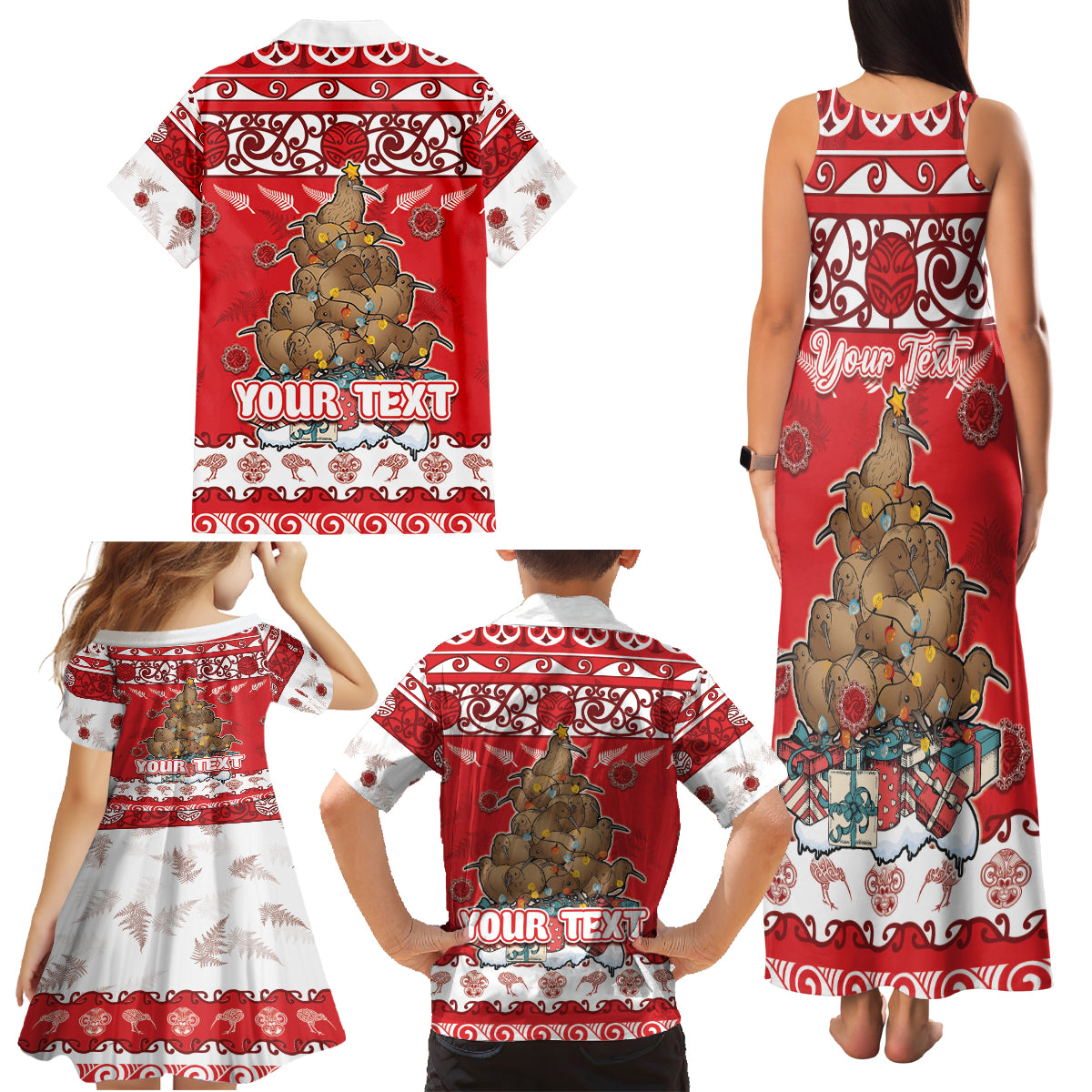 Personalised New Zealand Christmas In July Family Matching Tank Maxi Dress and Hawaiian Shirt Maori Kiwi Xmas Tree - Red