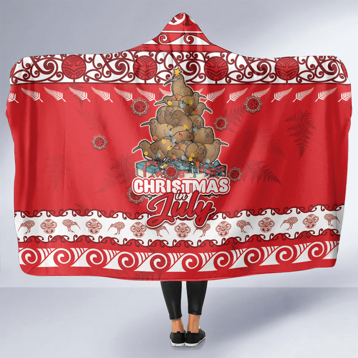 New Zealand Christmas In July Hooded Blanket Maori Kiwi Xmas Tree - Red