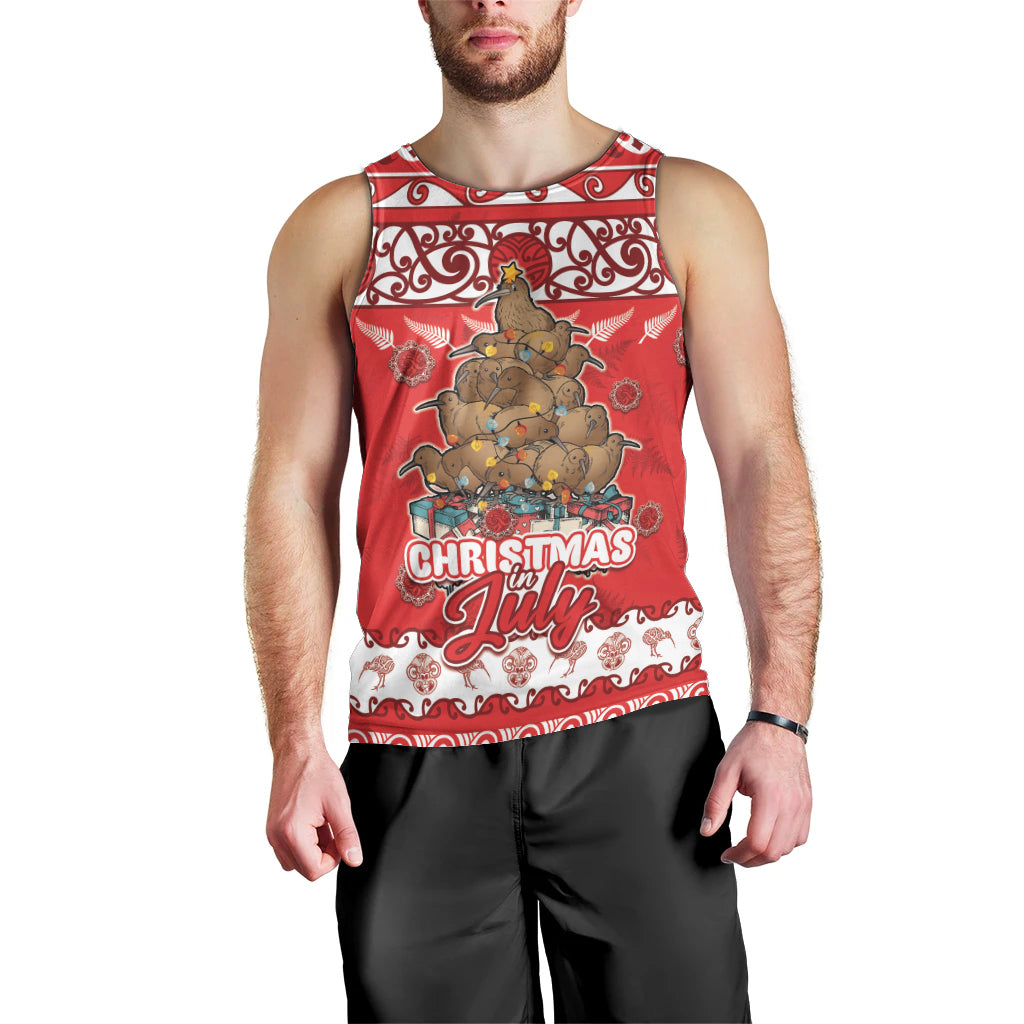 Personalised New Zealand Christmas In July Men Tank Top Maori Kiwi Xmas Tree - Red