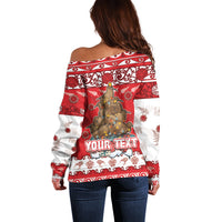 Personalised New Zealand Christmas In July Off Shoulder Sweater Maori Kiwi Xmas Tree - Red