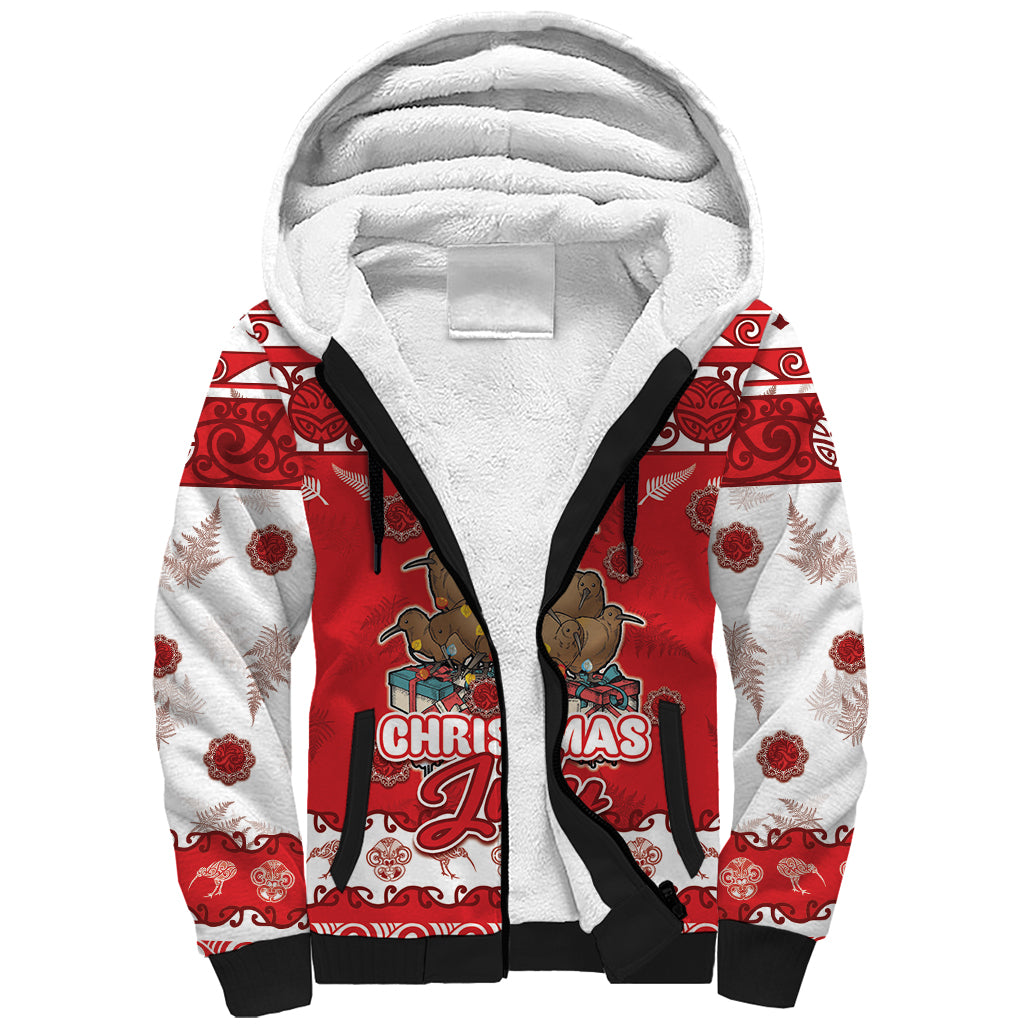 Personalised New Zealand Christmas In July Sherpa Hoodie Maori Kiwi Xmas Tree - Red