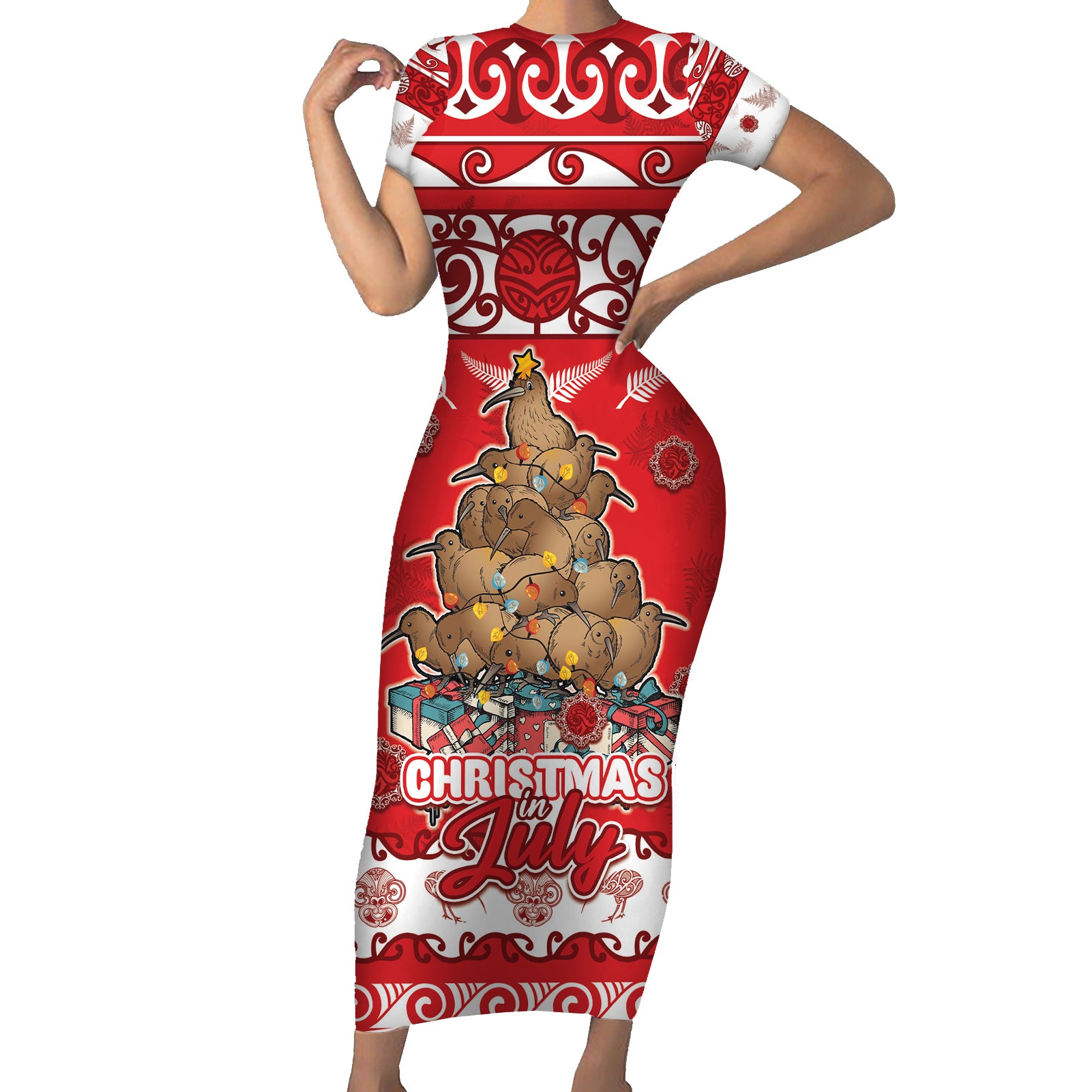 Personalised New Zealand Christmas In July Short Sleeve Bodycon Dress Maori Kiwi Xmas Tree - Red