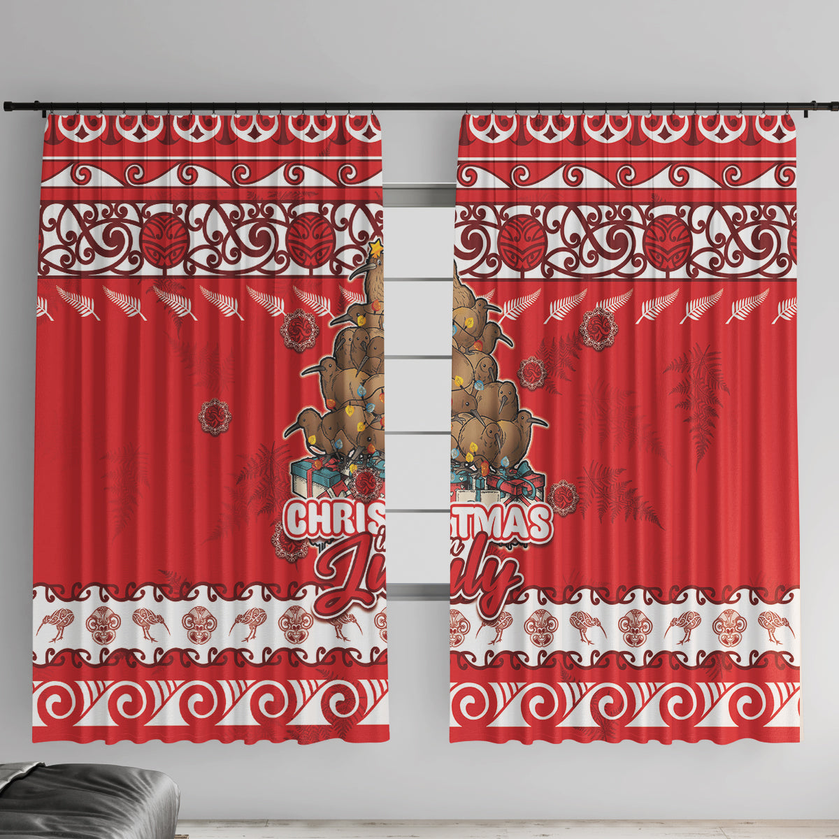 New Zealand Christmas In July Window Curtain Maori Kiwi Xmas Tree - Red