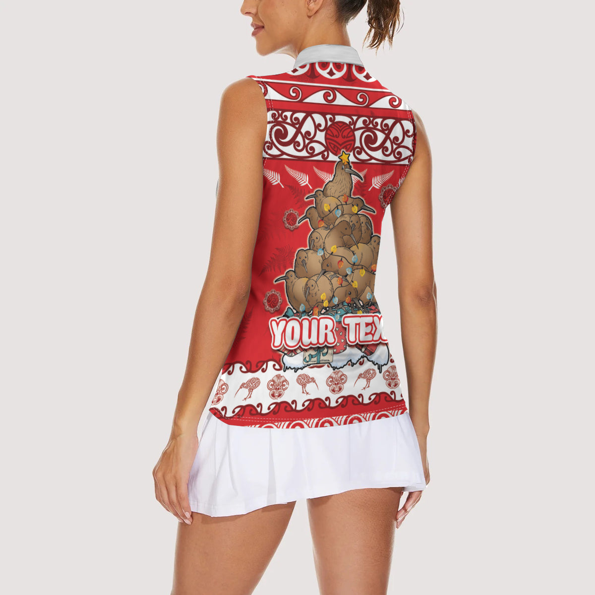 Personalised New Zealand Christmas In July Women Sleeveless Polo Shirt Maori Kiwi Xmas Tree - Red