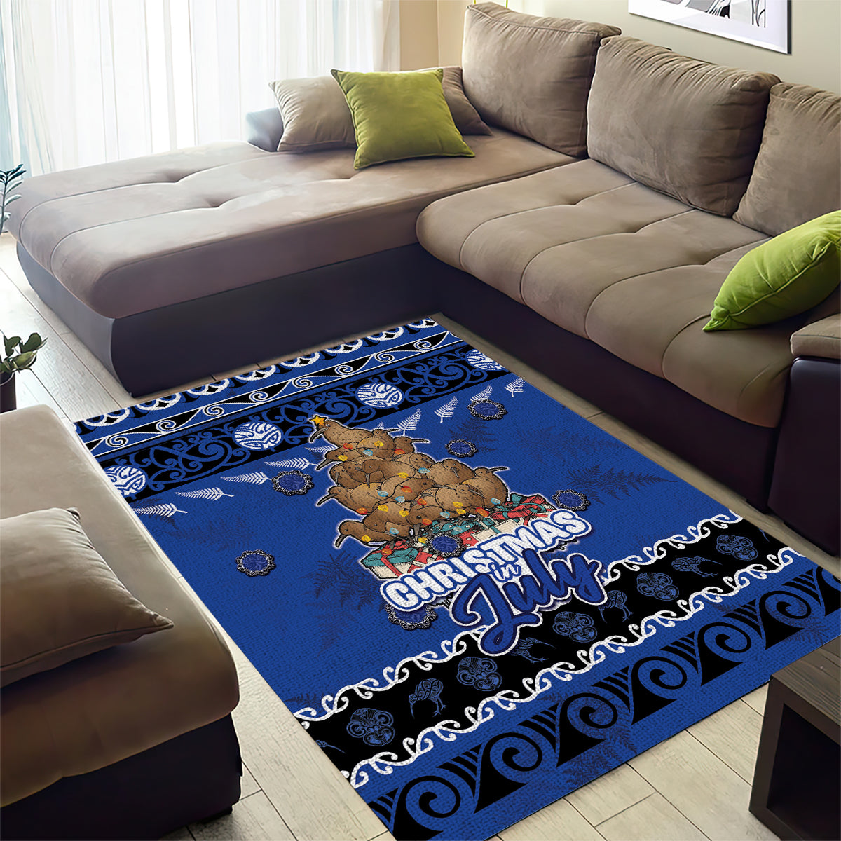 New Zealand July Christmas Area Rug Maori Kiwi Xmas Tree - Blue
