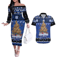 Personalised New Zealand July Christmas Couples Matching Off The Shoulder Long Sleeve Dress and Hawaiian Shirt Maori Kiwi Xmas Tree - Blue