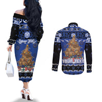 Personalised New Zealand July Christmas Couples Matching Off The Shoulder Long Sleeve Dress and Long Sleeve Button Shirt Maori Kiwi Xmas Tree - Blue