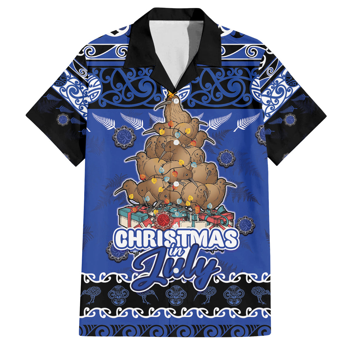 Personalised New Zealand July Christmas Family Matching Off The Shoulder Long Sleeve Dress and Hawaiian Shirt Maori Kiwi Xmas Tree - Blue