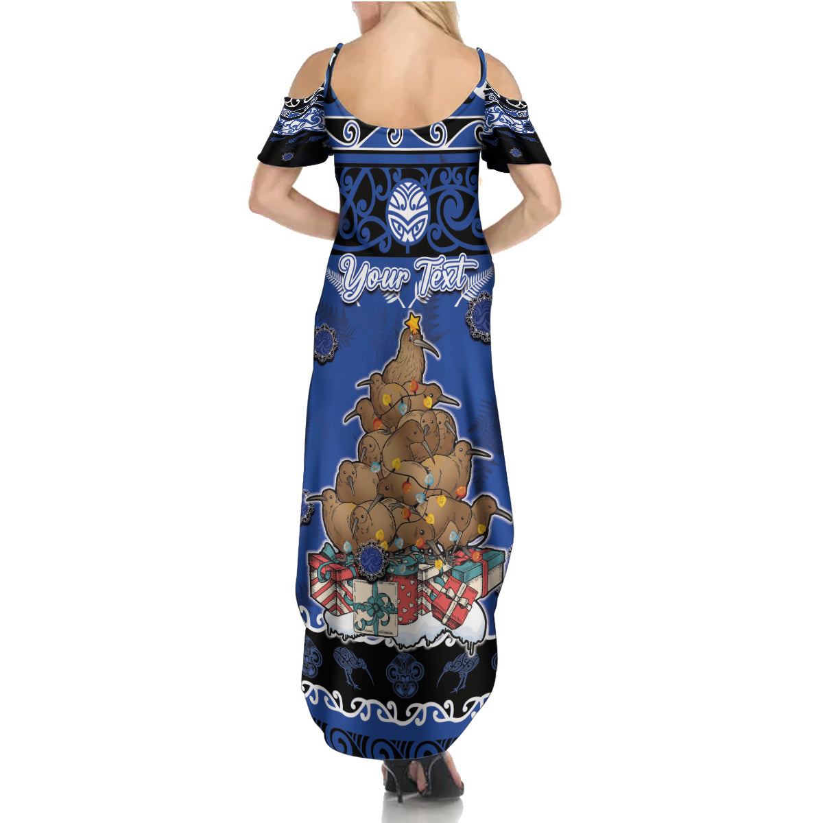 Personalised New Zealand July Christmas Family Matching Summer Maxi Dress and Hawaiian Shirt Maori Kiwi Xmas Tree - Blue