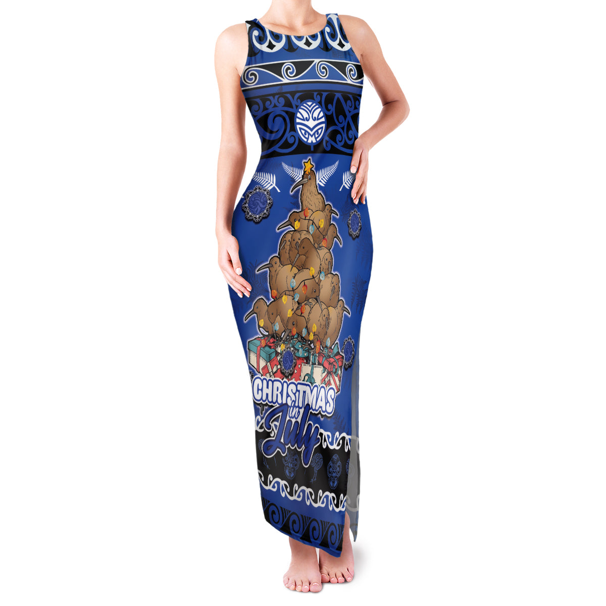 Personalised New Zealand July Christmas Family Matching Tank Maxi Dress and Hawaiian Shirt Maori Kiwi Xmas Tree - Blue
