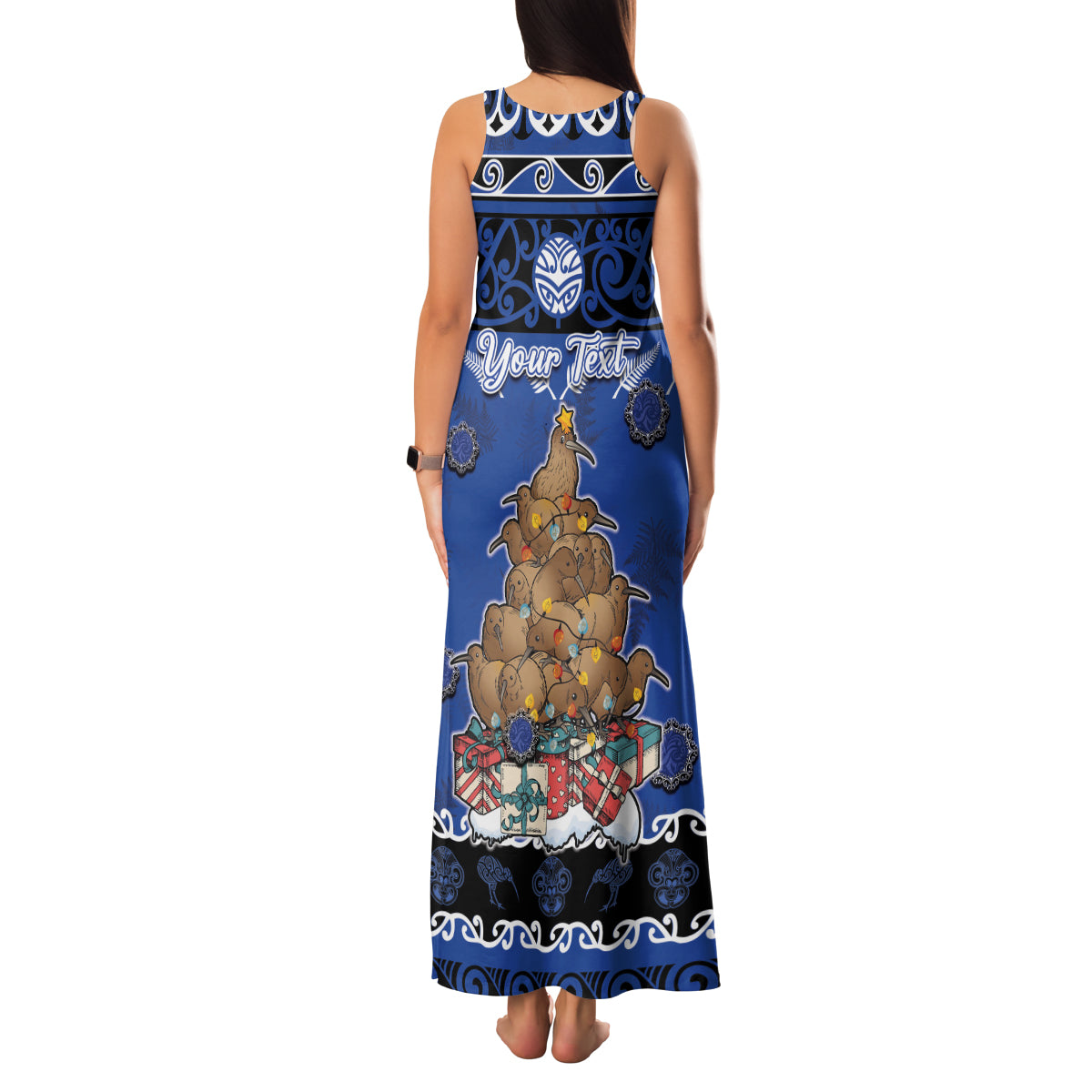 Personalised New Zealand July Christmas Family Matching Tank Maxi Dress and Hawaiian Shirt Maori Kiwi Xmas Tree - Blue
