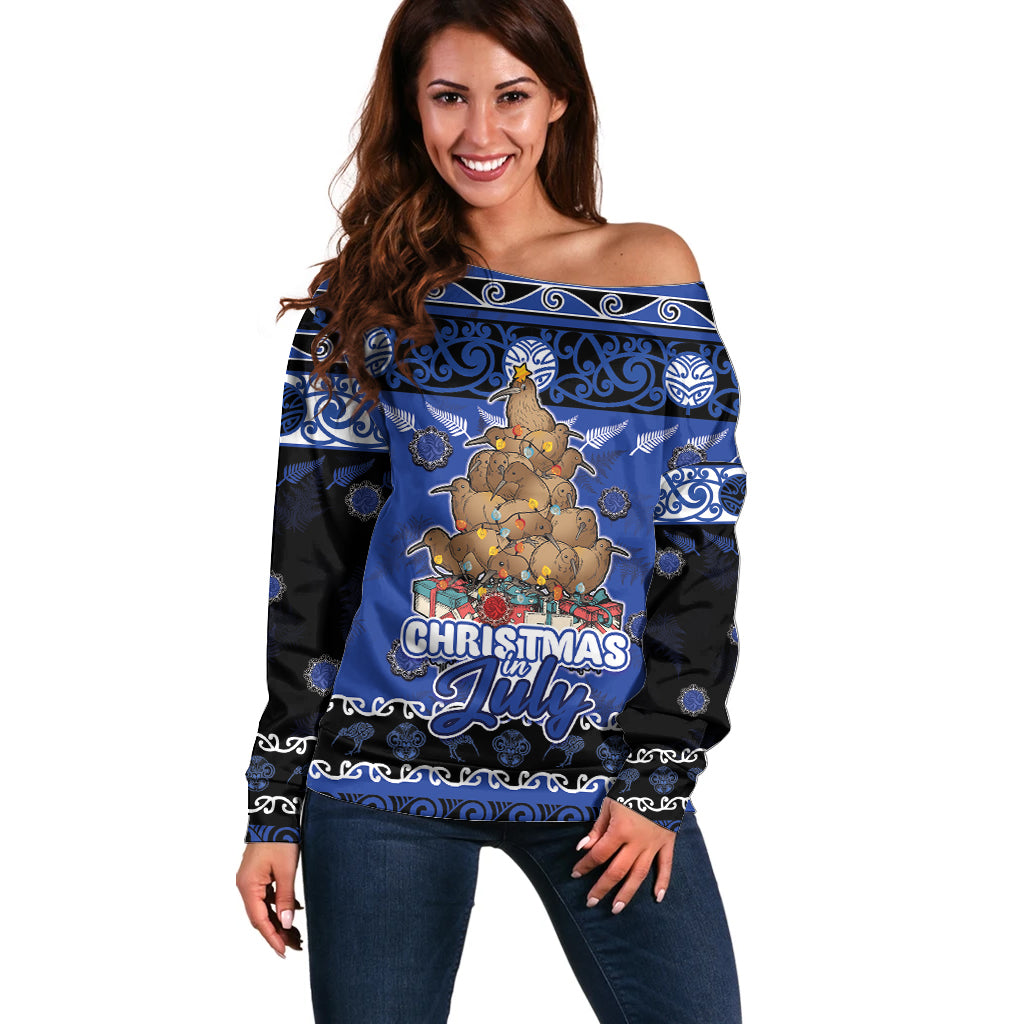 Personalised New Zealand July Christmas Off Shoulder Sweater Maori Kiwi Xmas Tree - Blue