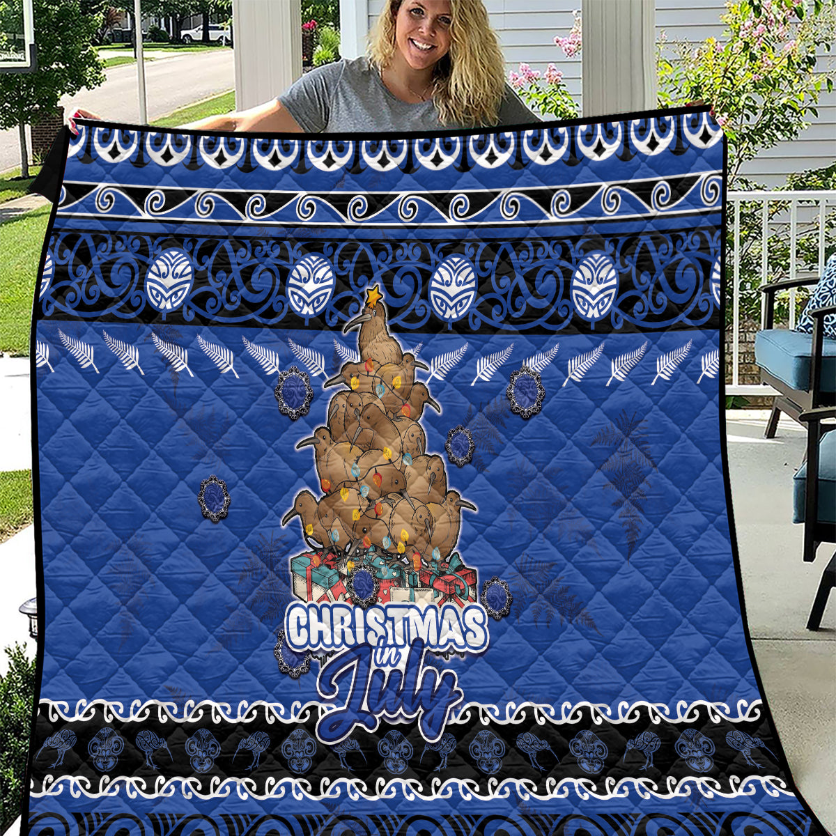New Zealand July Christmas Quilt Maori Kiwi Xmas Tree - Blue LT05 Blue - Polynesian Pride