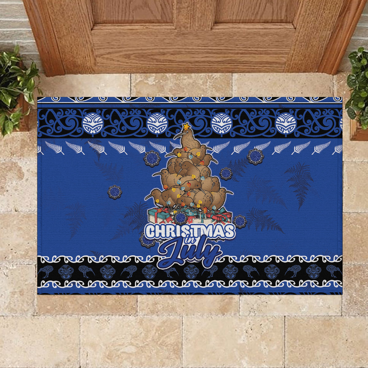 New Zealand July Christmas Rubber Doormat Maori Kiwi Xmas Tree - Blue