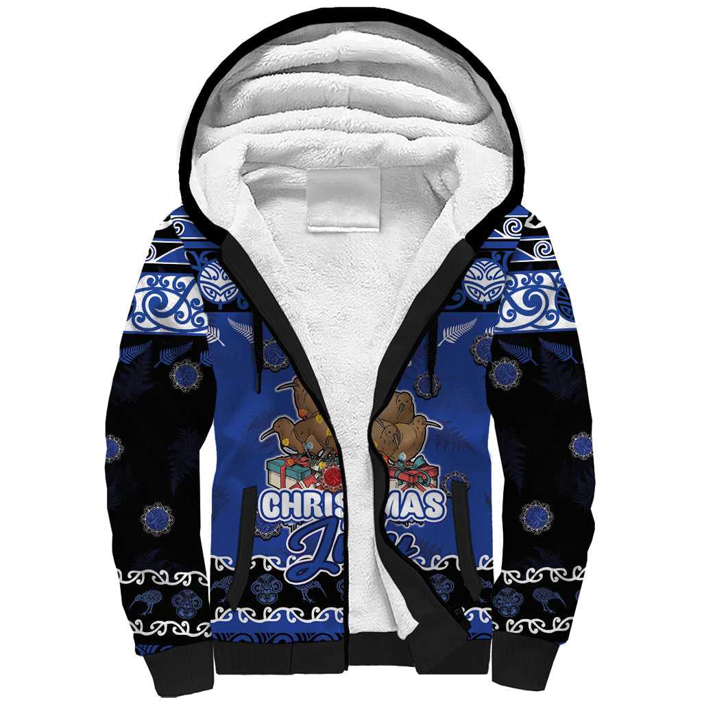 Personalised New Zealand July Christmas Sherpa Hoodie Maori Kiwi Xmas Tree - Blue
