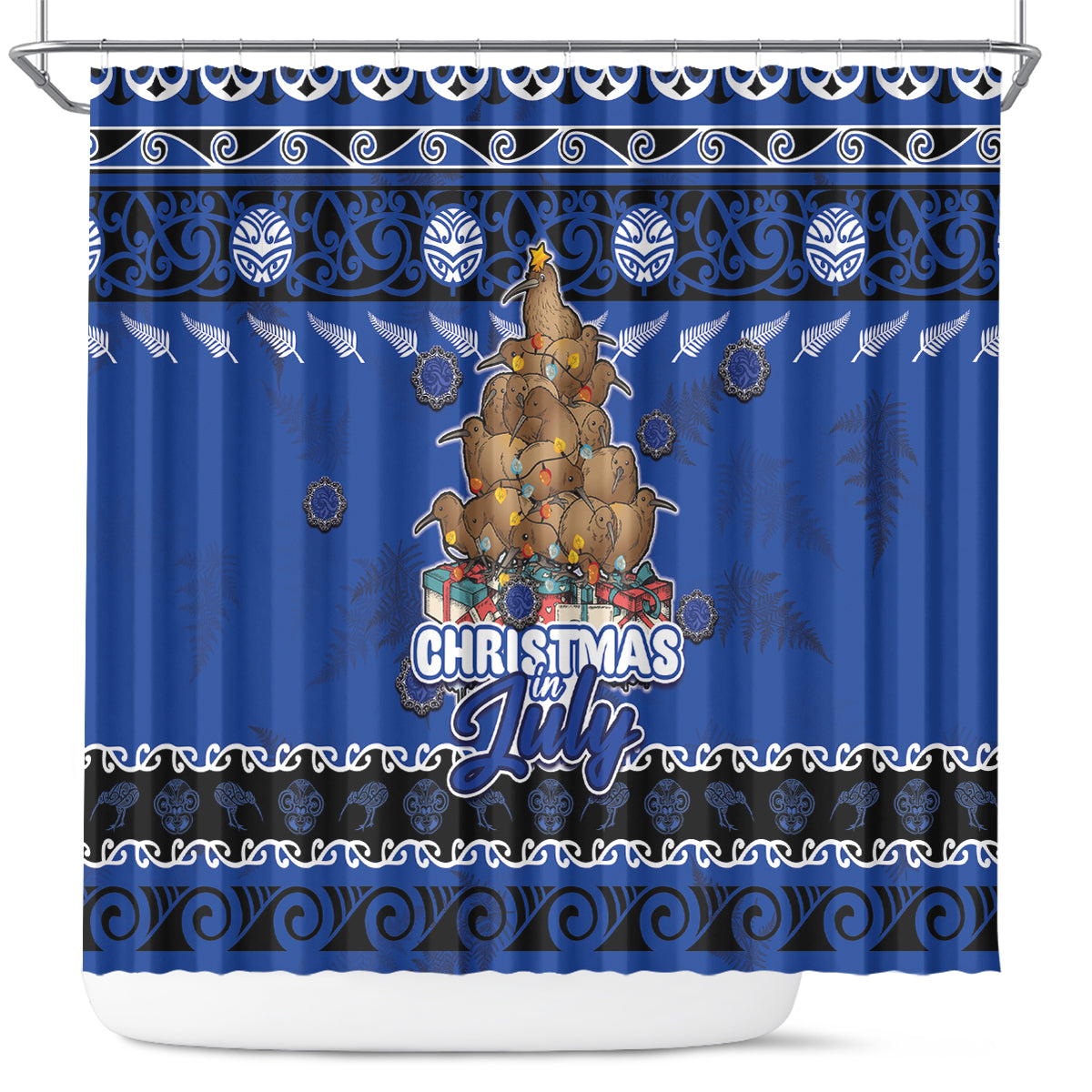 New Zealand July Christmas Shower Curtain Maori Kiwi Xmas Tree - Blue LT05 Blue - Polynesian Pride