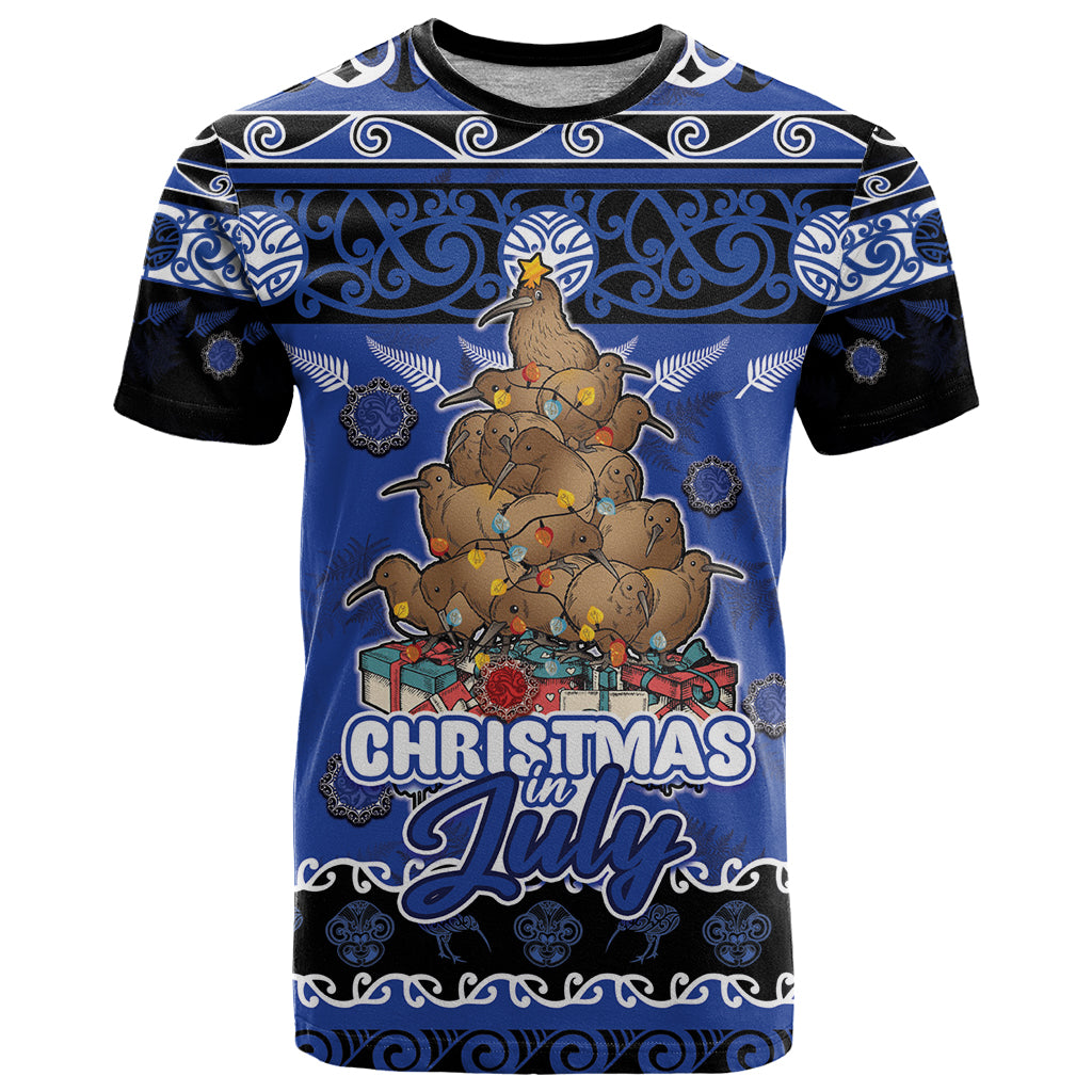 Personalised New Zealand July Christmas T Shirt Maori Kiwi Xmas Tree - Blue