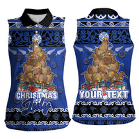 Personalised New Zealand July Christmas Women Sleeveless Polo Shirt Maori Kiwi Xmas Tree - Blue