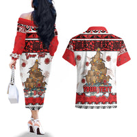Personalised New Zealand July Christmas Couples Matching Off The Shoulder Long Sleeve Dress and Hawaiian Shirt Maori Kiwi Xmas Tree - White