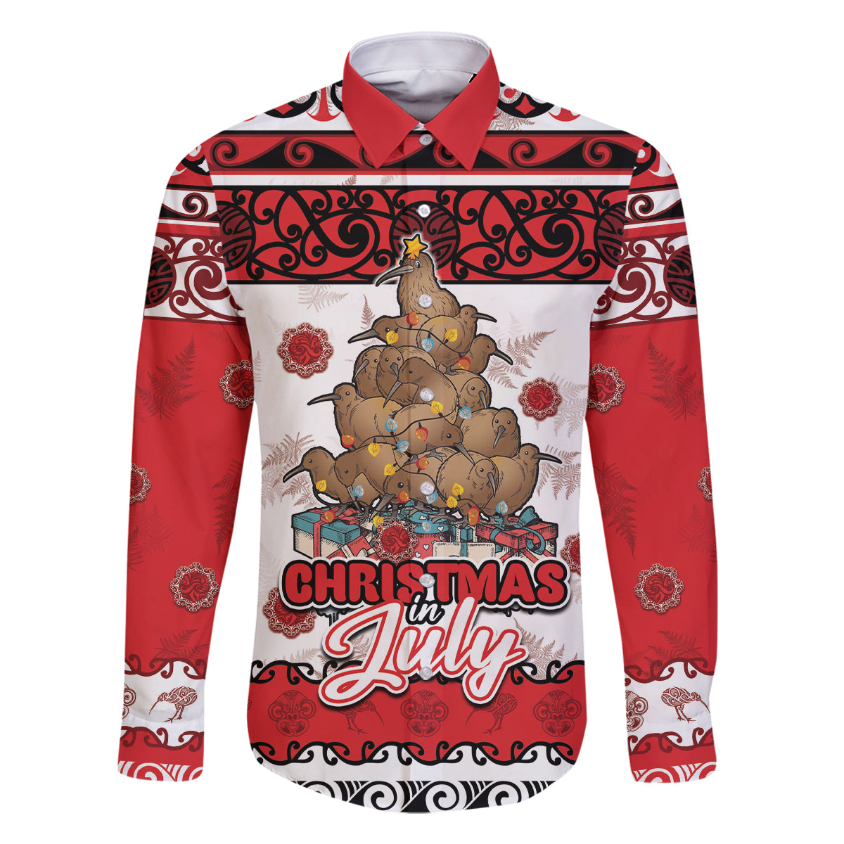 Personalised New Zealand July Christmas Family Matching Long Sleeve Bodycon Dress and Hawaiian Shirt Maori Kiwi Xmas Tree - White